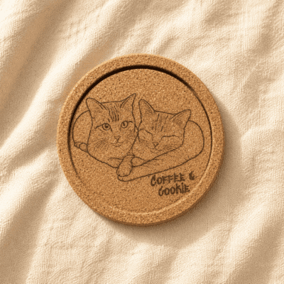 Hero product photo of a personalized engraved cork coaster featuring two cuddling orange tabby cats and the text “Coffee & Cookie,” placed on soft cream linen fabric under warm natural light.