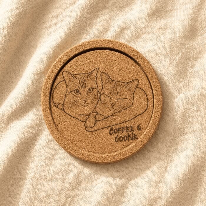 Hero product photo of a personalized engraved cork coaster featuring two cuddling orange tabby cats and the text “Coffee & Cookie,” placed on soft cream linen fabric under warm natural light.