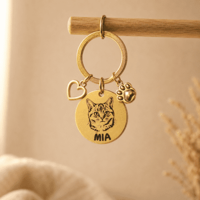 Gold personalized pet keychain hanging from a wooden rod, featuring an engraved cat portrait, the name “MIA,” a heart charm, and a paw charm in warm neutral lighting.