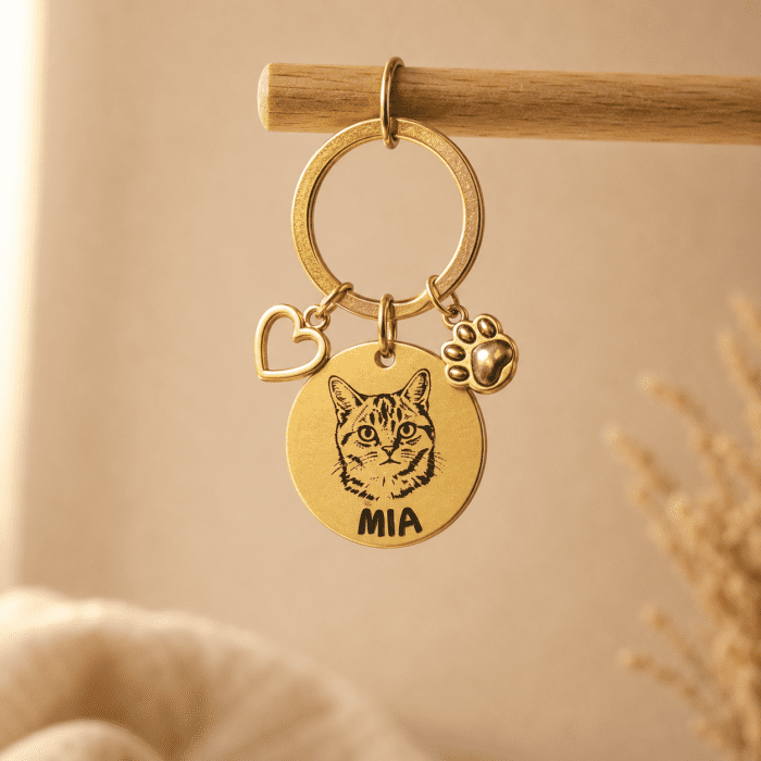 Gold personalized pet keychain hanging from a wooden rod, featuring an engraved cat portrait, the name “MIA,” a heart charm, and a paw charm in warm neutral lighting.