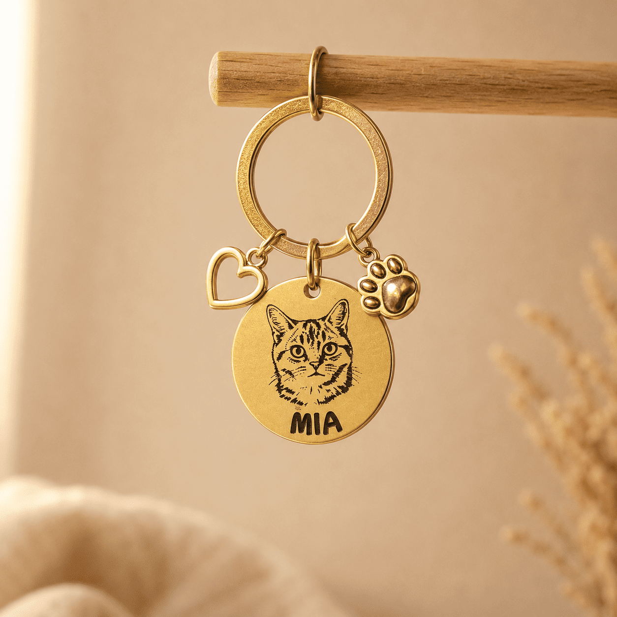 Gold personalized pet keychain hanging from a wooden rod, featuring an engraved cat portrait, the name “MIA,” a heart charm, and a paw charm in warm neutral lighting.
