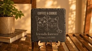 Lifestyle product photograph of a personalized engraved square slate pet memorial coaster displayed upright on a small wooden easel stand beside books and a potted plant in a warm golden-hour home setting.