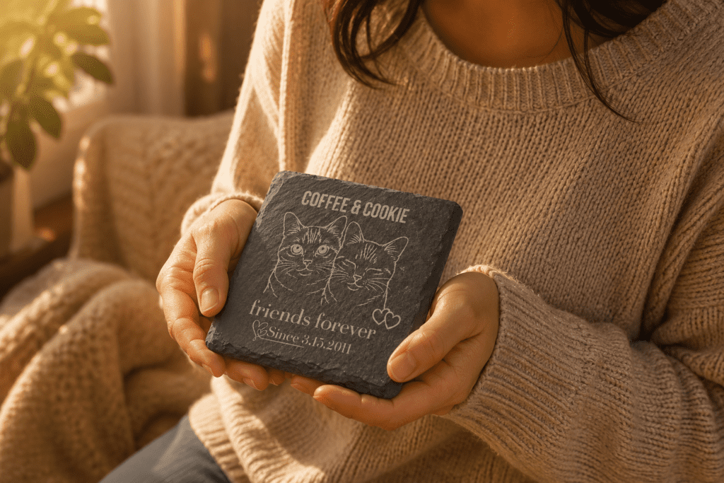 Warm lifestyle photograph of a person holding a personalized engraved slate pet memorial coaster featuring two cats, the names Coffee & Cookie, and the phrase “friends forever,” in a cozy golden-hour indoor setting.