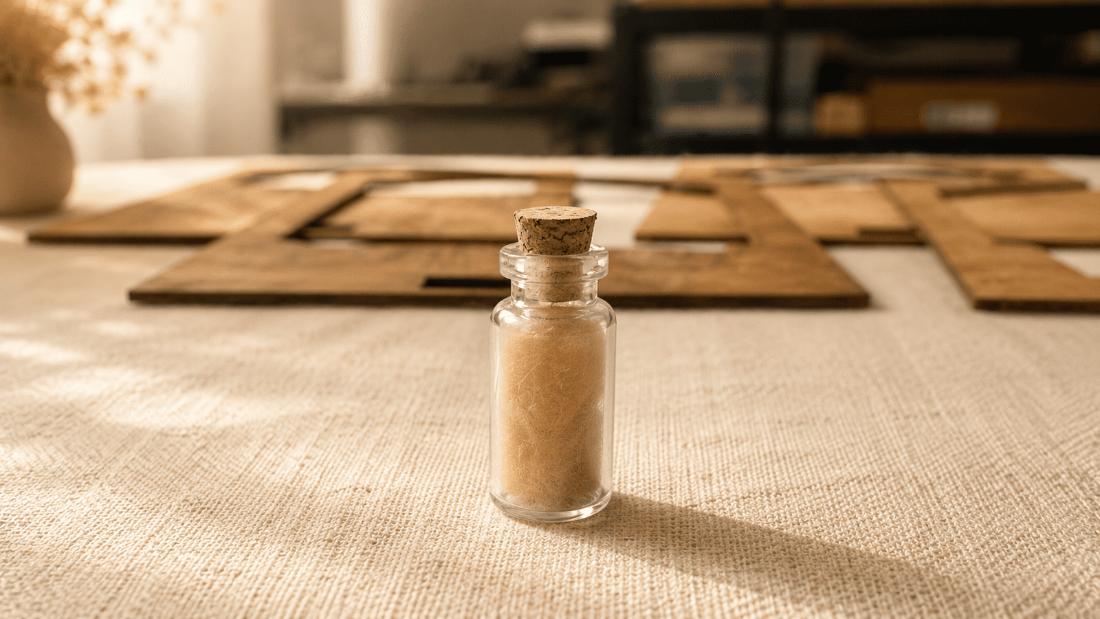 Warm close-up photo of a small corked glass vial filled with preserved pet fur on linen fabric, with handcrafted wooden memorial shadow box layers softly blurred in the background.