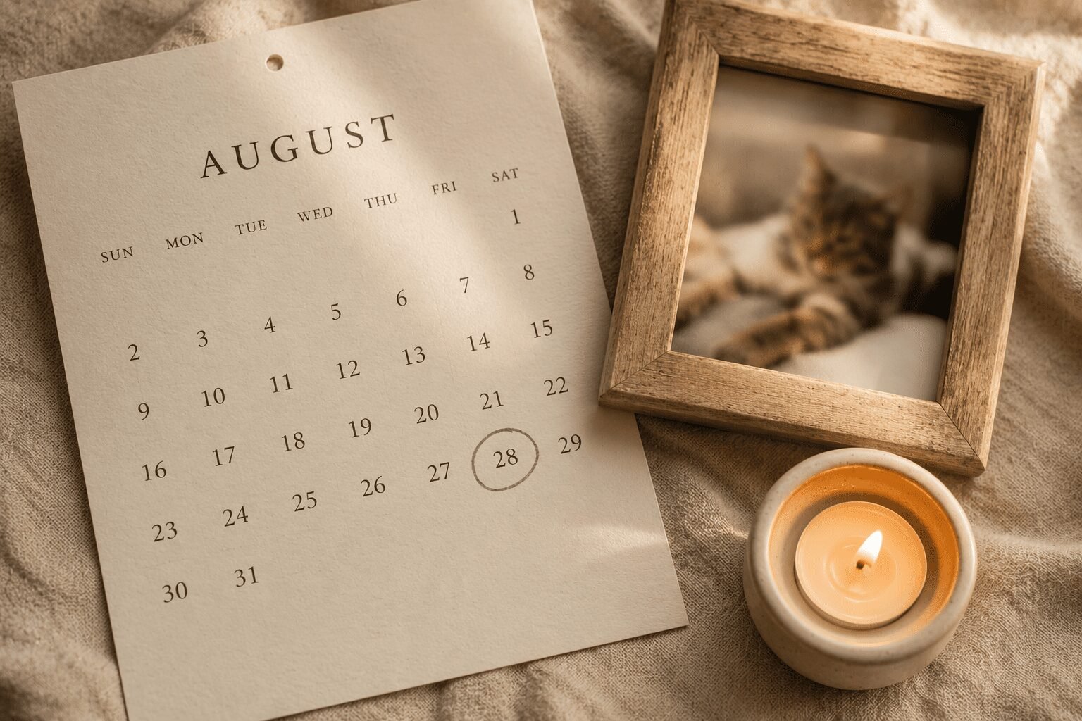 Minimal August calendar with a circled date beside a framed blurred cat photo and lit candle on soft neutral fabric in warm sunlight.