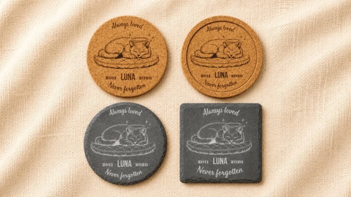 Comparison of personalized pet memorial coaster options in cork and slate materials with round and square shapes on neutral linen fabric.