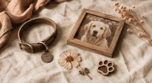 Flat lay memorial scene featuring a worn leather dog collar, framed golden retriever portrait, dried flowers, and a wooden paw token on soft linen fabric in warm natural light.