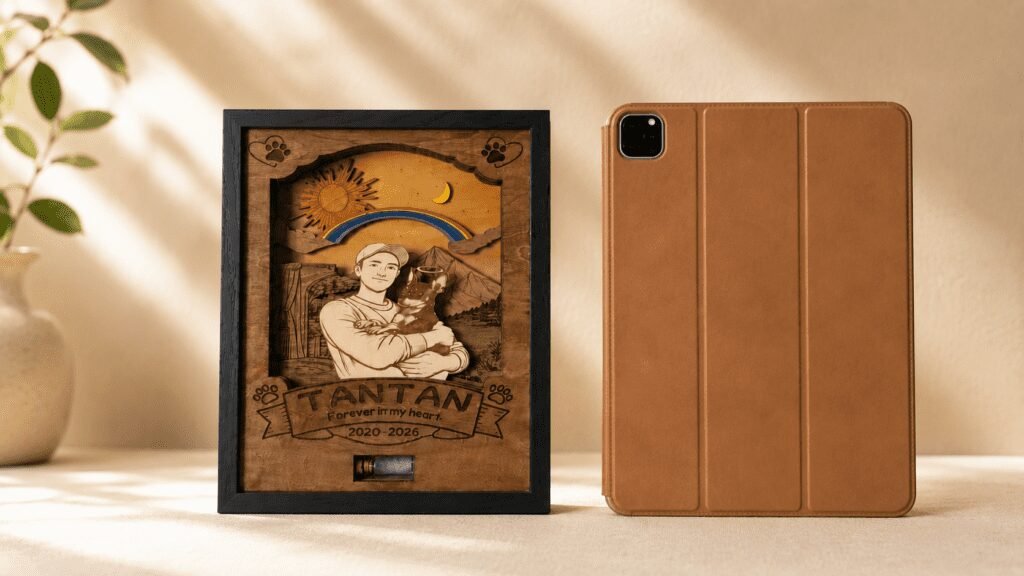 Personalized wooden pet memorial shadow box displayed beside a tablet case for size comparison in warm natural lighting.