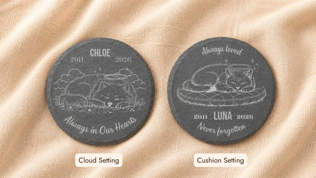 Two round engraved slate pet memorial coasters showing different sleeping pet illustration styles on soft beige linen fabric.