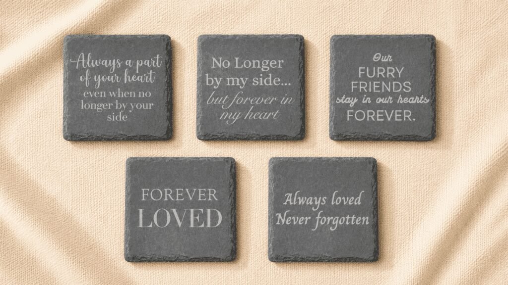 Five engraved black slate memorial coaster design options displayed on soft cream linen fabric, each featuring different heartfelt pet remembrance quotes in elegant typography.