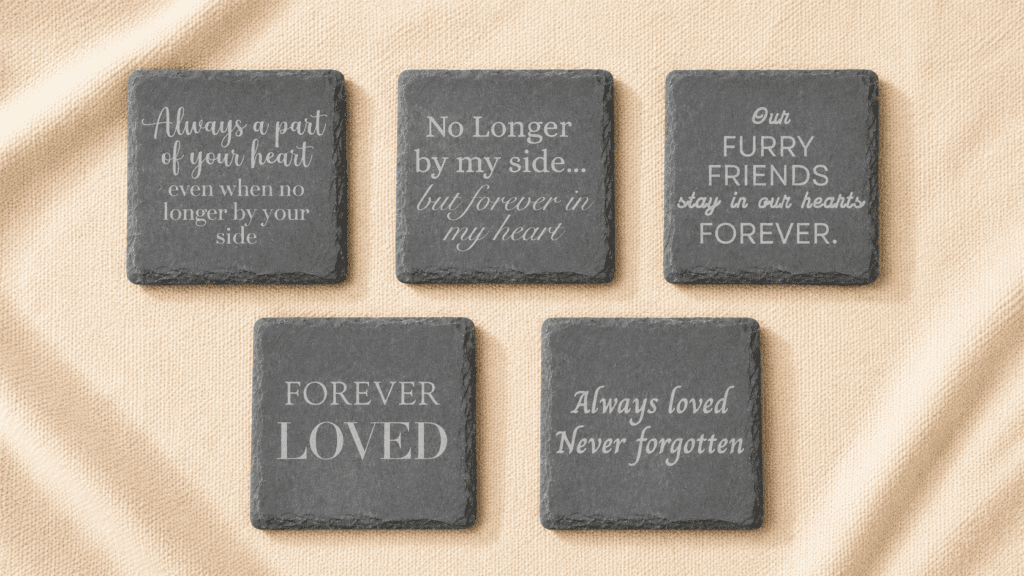 Five engraved black slate memorial coaster design options displayed on soft cream linen fabric, each featuring different heartfelt pet remembrance quotes in elegant typography.
