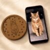 Custom engraved cork pet coaster displayed beside the original cat photo on a smartphone, showing photo-to-engraving personalization process.