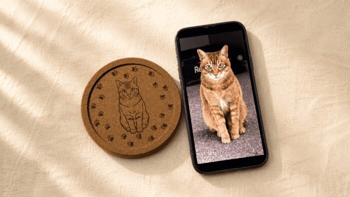 Custom engraved cork pet coaster displayed beside the original cat photo on a smartphone, showing photo-to-engraving personalization process.