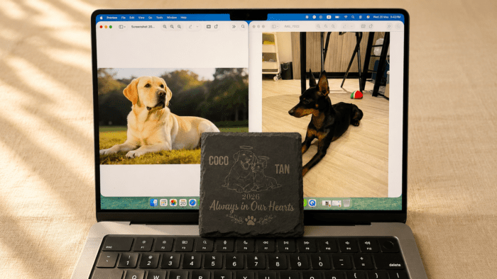 Personalized slate pet memorial coaster displayed in front of a laptop screen showing the original dog photos used to create the custom engraved memorial design.
