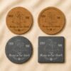 Protective Packaging for Personalized Memorial Coasters Comparison image showing personalized pet memorial coaster options in cork and slate materials with round and square shapes displayed on a neutral linen background.