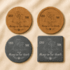 Comparison image showing personalized pet memorial coaster options in cork and slate materials with round and square shapes displayed on a neutral linen background.