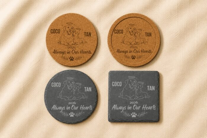 Protective Packaging for Personalized Memorial Coasters Comparison image showing personalized pet memorial coaster options in cork and slate materials with round and square shapes displayed on a neutral linen background.