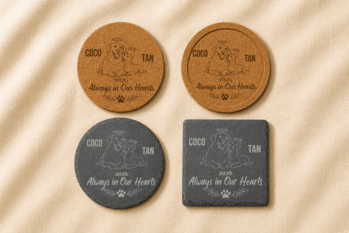 Comparison image showing personalized pet memorial coaster options in cork and slate materials with round and square shapes displayed on a neutral linen background.