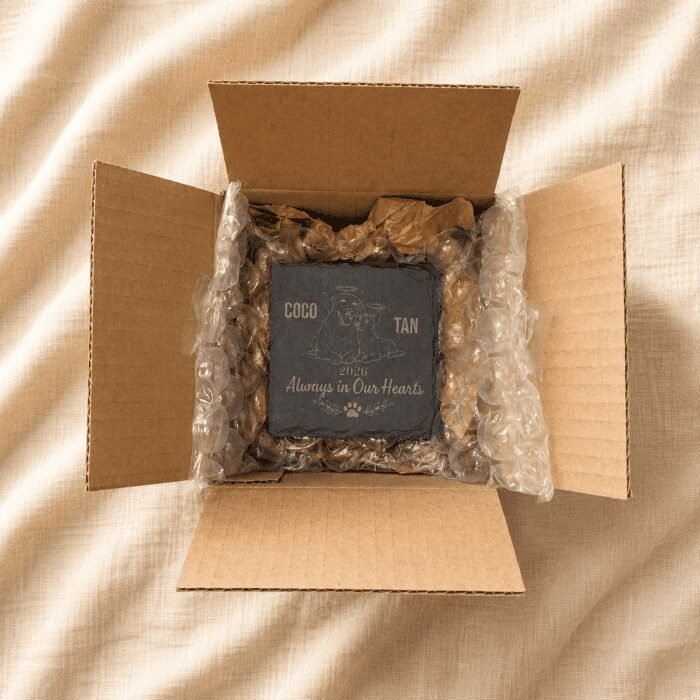 Protective Packaging for Personalized Memorial Coasters Top-down packaging photo of a personalized slate pet memorial coaster carefully packed inside a kraft shipping box with protective bubble wrap and paper cushioning on a neutral linen background.