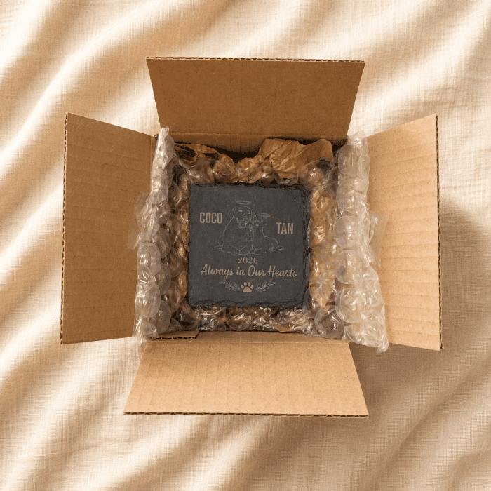 Top-down packaging photo of a personalized slate pet memorial coaster carefully packed inside a kraft shipping box with protective bubble wrap and paper cushioning on a neutral linen background.