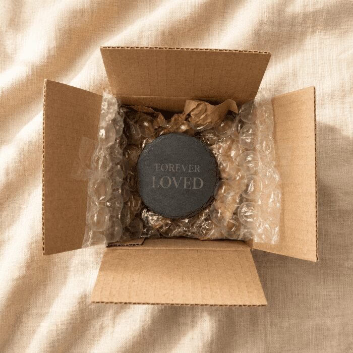 Top-down view of a black round slate memorial coaster engraved with “Forever Loved,” carefully packaged inside a kraft cardboard shipping box with protective bubble wrap on cream linen fabric.