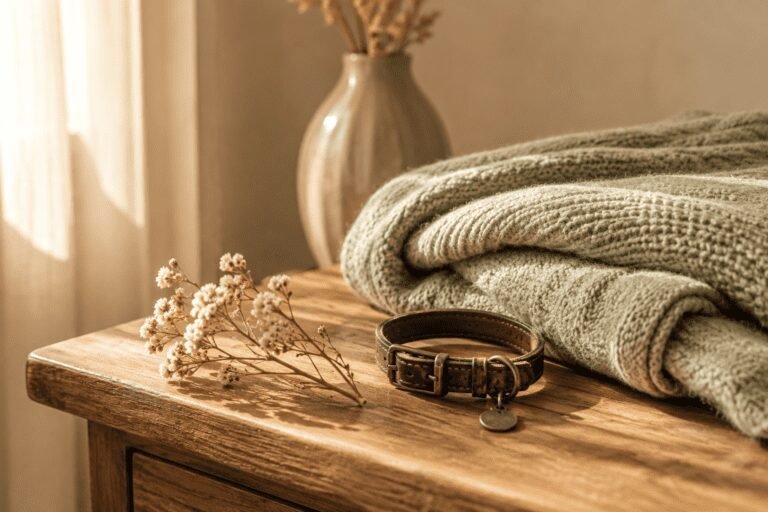 Warm rustic wooden table styled with a folded knitted blanket, vintage leather pet collar, dried flowers, and ceramic vase in soft golden sunlight.