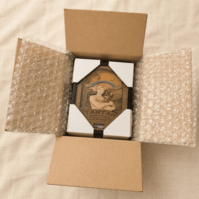 Open shipping box showing a personalized wooden pet memorial shadow box securely packaged with protective corner guards and bubble wrap.