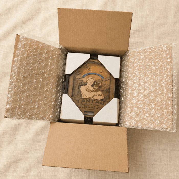 Open shipping box showing a personalized wooden pet memorial shadow box securely packaged with protective corner guards and bubble wrap.