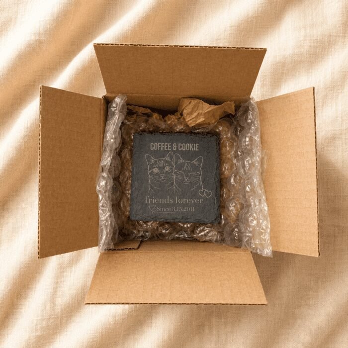 Personalized engraved slate pet memorial coaster packaged securely inside a kraft shipping box with protective bubble wrap, displayed on soft cream linen fabric in warm natural lighting.