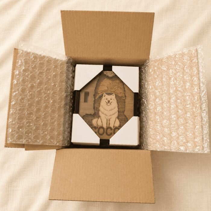 Top-down view of a personalized wooden pet memorial shadow box securely packaged inside a cardboard shipping box with protective corner guards and bubble wrap.