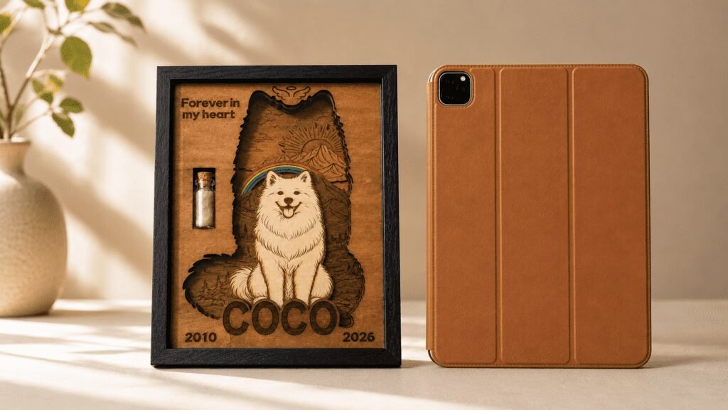 Size comparison photo showing a personalized wooden pet memorial shadow box standing beside a tablet device for scale reference.