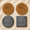 Slate and Cork Personalized Pet Memorial Coaster Shape Options Comparison of personalized pet memorial coaster materials and shapes including round and square slate coasters alongside cork coaster options displayed on soft cream linen fabric.
