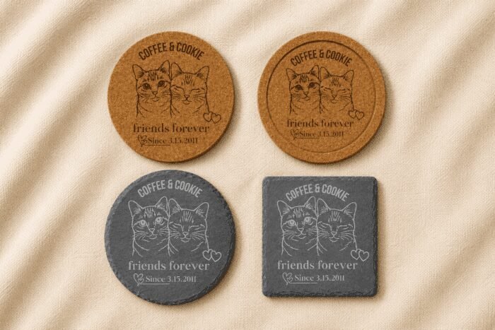Comparison of personalized pet memorial coaster materials and shapes including round and square slate coasters alongside cork coaster options displayed on soft cream linen fabric.