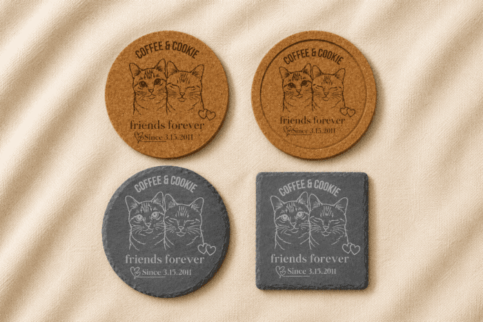 Slate and Cork Personalized Pet Memorial Coaster Shape Options Comparison of personalized pet memorial coaster materials and shapes including round and square slate coasters alongside cork coaster options displayed on soft cream linen fabric.