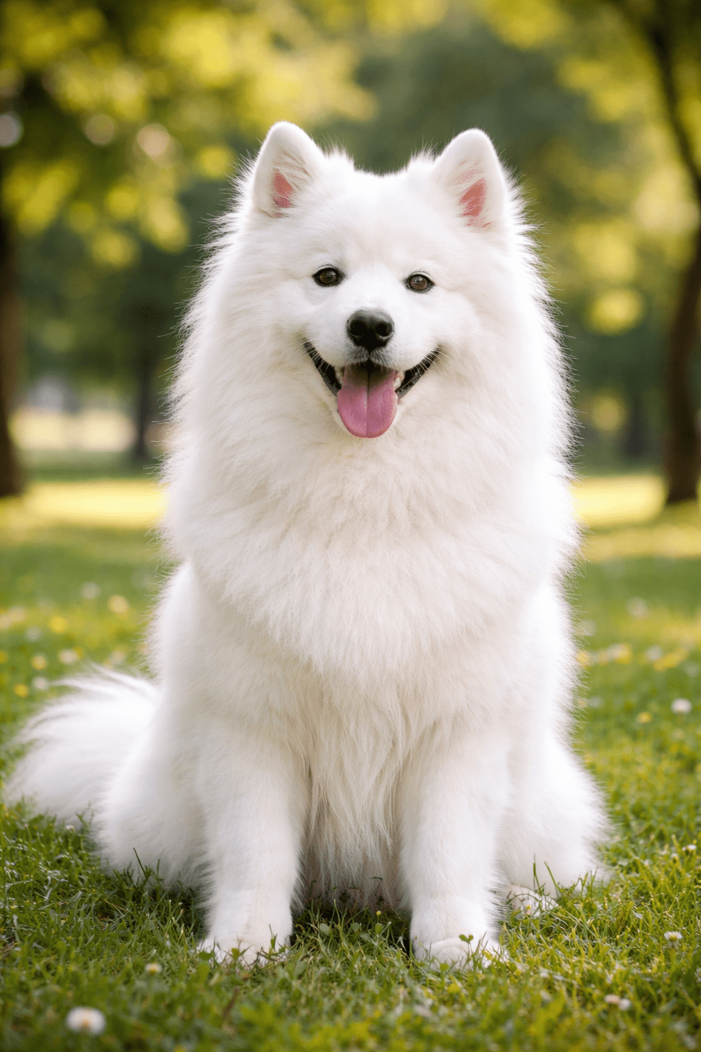 Fluffy white Samoyed dog sitting happily on green grass in a sunny park, looking directly at the camera with tongue out and soft natural background bokeh.