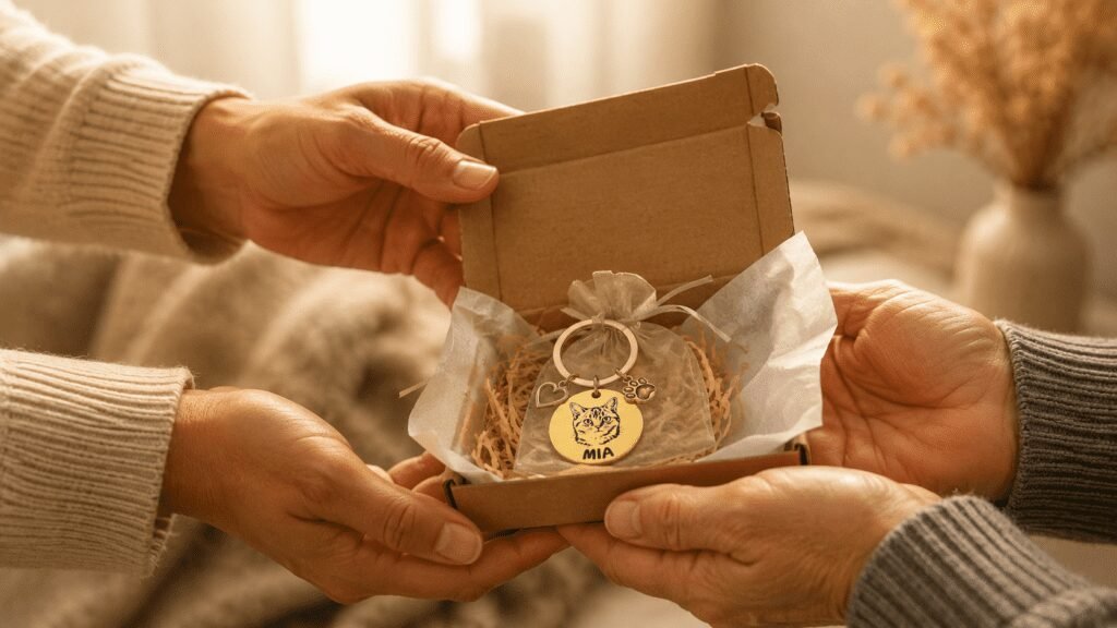 Hands exchanging a personalized pet memorial keychain gift box with engraved pet portrait charm, wrapped in tissue paper and organza packaging.