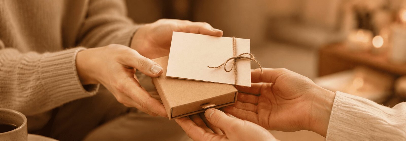 Thoughtful Pet Memorial Gift for a Grieving Friend Close-up of two people gently exchanging a small kraft gift box with a handwritten sympathy card tied in twine under warm cozy lighting, symbolizing comfort and remembrance after pet loss.