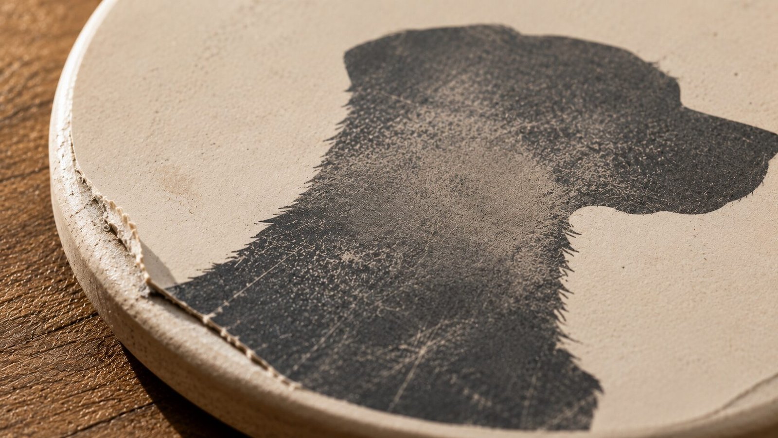 Extreme close-up of a worn printed pet portrait surface peeling and scratching at the edge, showing durability issues and surface damage over time.