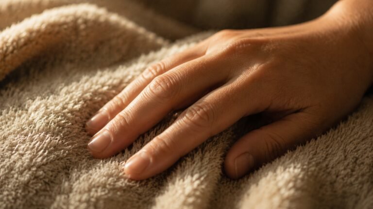 Close-up of a hand resting gently on a soft blanket in warm sunlight, symbolizing comfort, longing, emotional healing, and quiet remembrance after pet loss.