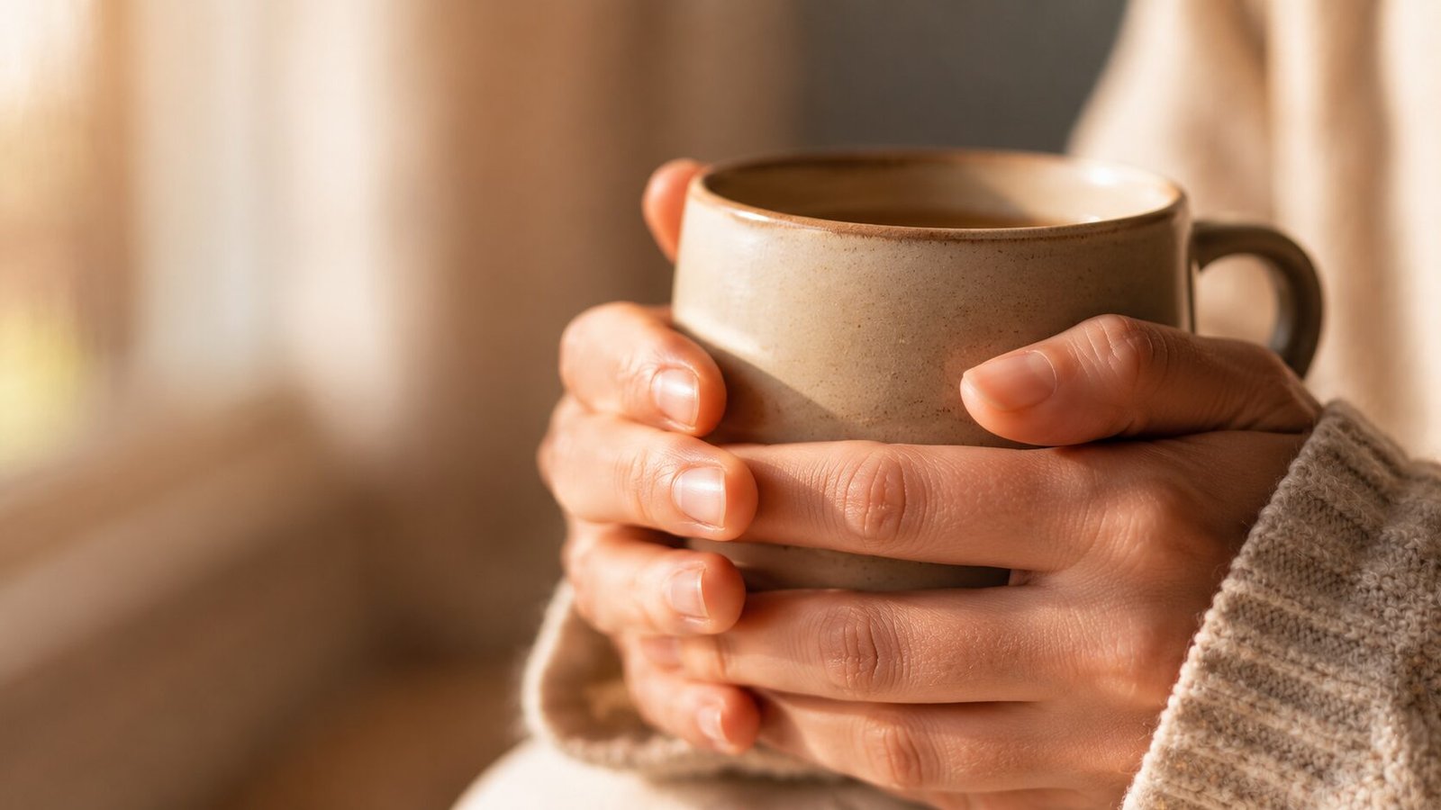 Close-up of hands wrapped around a warm ceramic mug in soft golden window light, creating a calm and comforting atmosphere.