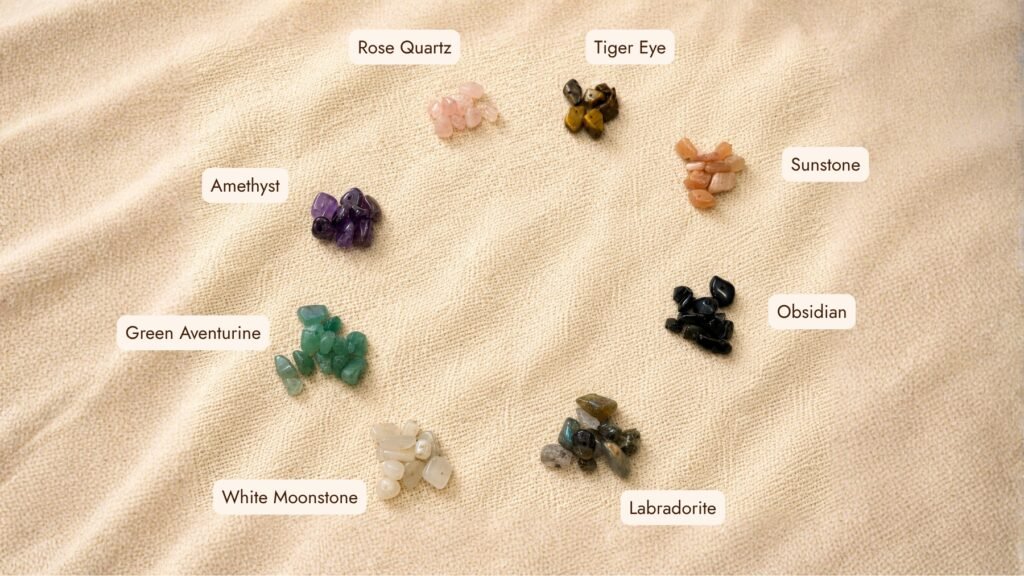 Flat lay photograph displaying labeled crystal chip color options on soft beige linen fabric, including Rose Quartz, Tiger Eye, Sunstone, Obsidian, Labradorite, White Moonstone, Green Aventurine, and Amethyst gemstones.