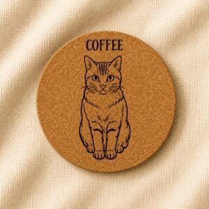 Round personalized cork coaster featuring an engraved full-body portrait of an orange tabby cat named Coffee, displayed on a soft cream linen background.