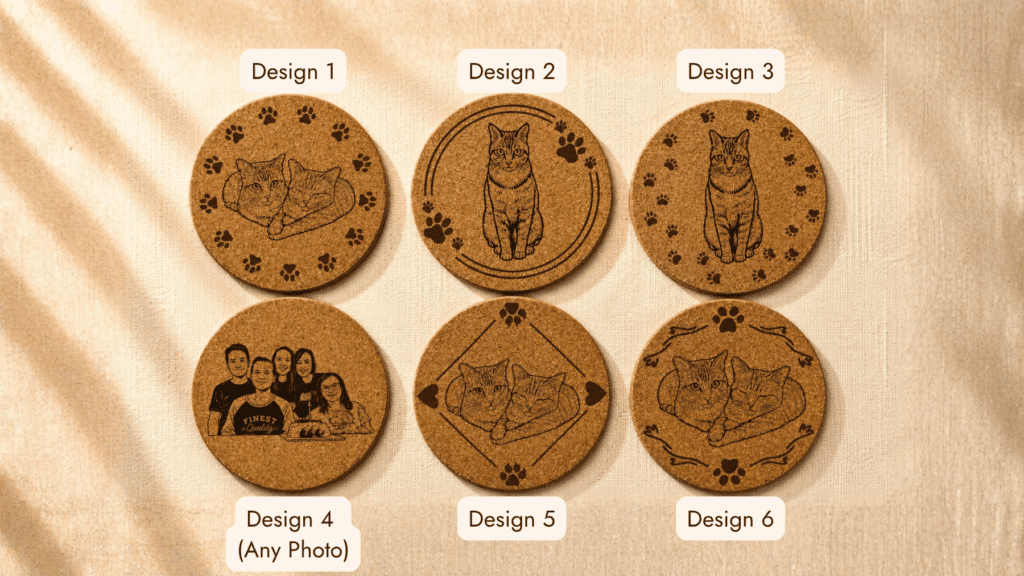 Collection of customizable engraved cork coaster front design options featuring cat illustrations, paw print borders, and personalized photo engraving layouts.