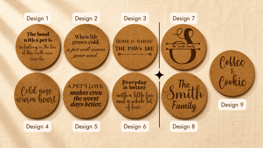 Collection of engraved cork coaster back design options featuring pet quotes, family names, monograms, and customizable typography layouts.