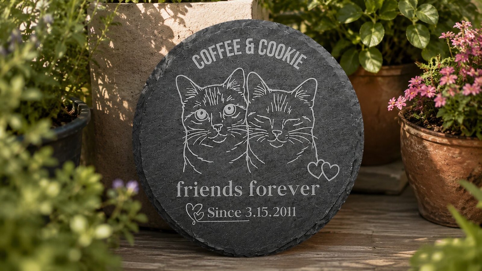 Round engraved slate memorial plaque featuring two illustrated cats with custom names and date, displayed outdoors among warm garden plants and flowers.