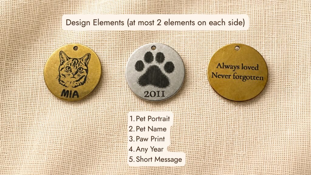 Three customizable engraved pet memorial tag design examples displayed on cream linen fabric, showing pet portrait, paw print with year, and memorial message engraving options.