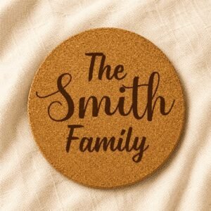 Round cork coaster engraved with “The Smith Family” in oversized elegant handwritten typography on a natural cork surface with a soft warm linen fabric background.