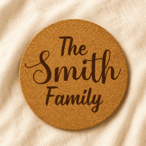Round cork coaster engraved with “The Smith Family” in oversized elegant handwritten typography on a natural cork surface with a soft warm linen fabric background.