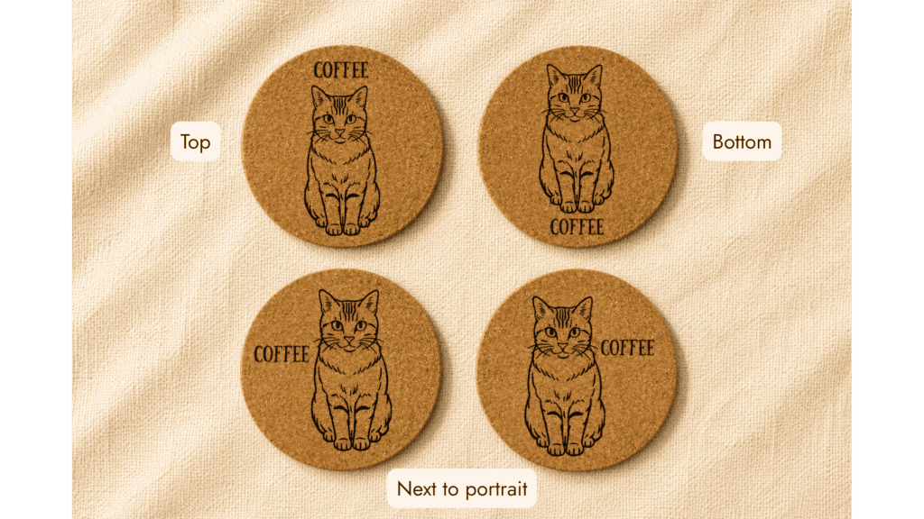 Four engraved cork coaster layout options showing different name placements around a custom cat portrait, labeled Top, Bottom, and Next to portrait.