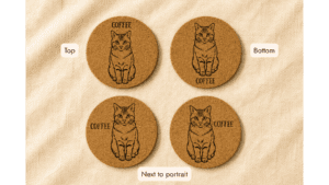 Four engraved cork coaster layout options showing different name placements around a custom cat portrait, labeled Top, Bottom, and Next to portrait.